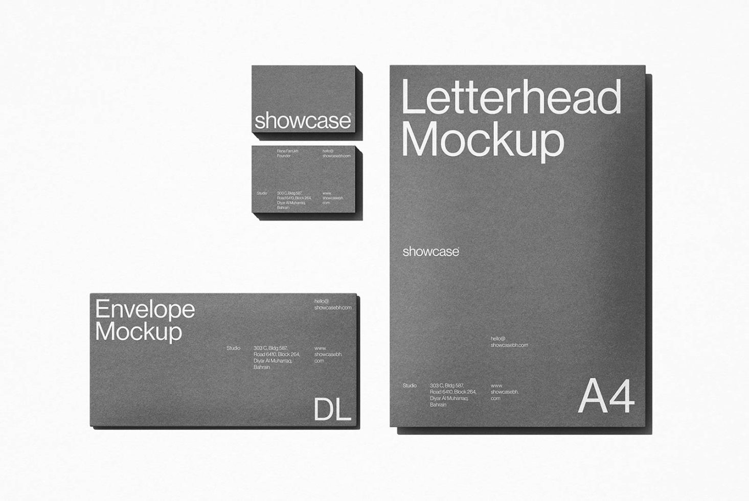 Professional stationery mockup with letterhead, business cards, and envelope, in grayscale for branding presentations, designers, mockups category.